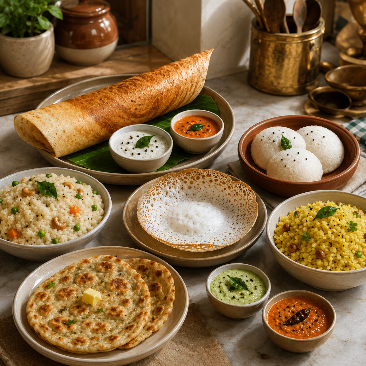 Morning tiffin spread with dosa, idli, appam and chutneys.