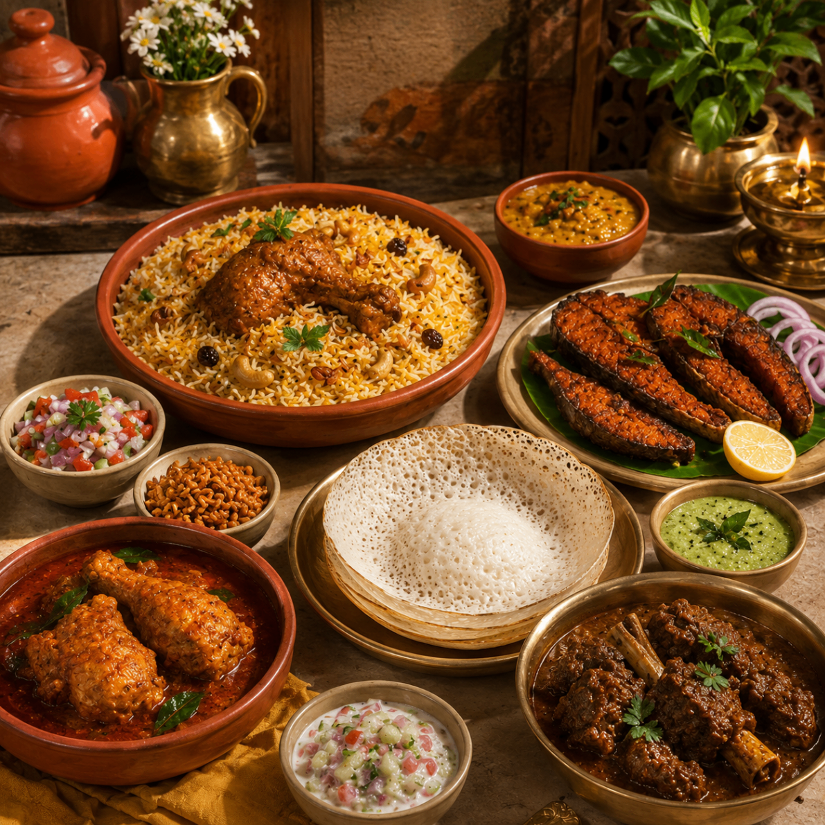 Sunday special spread with biryani, curries, fish fry and appam.