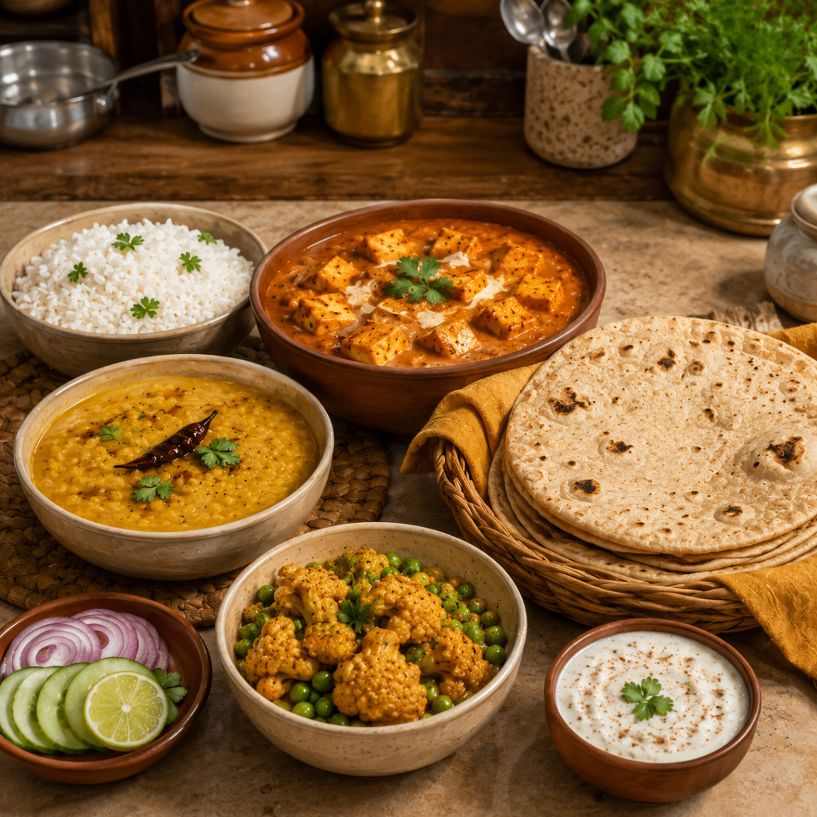 Comforting dinner spread with curry, dal, rice and roti.
